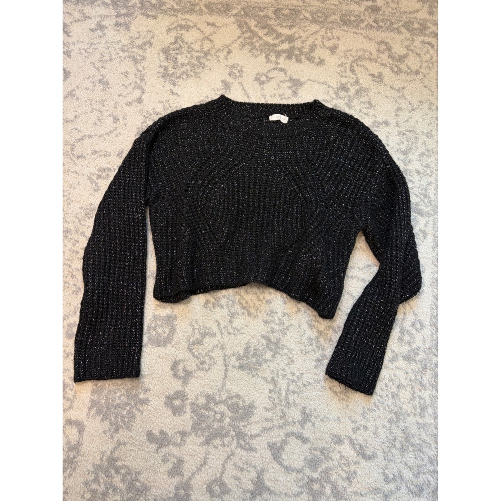 MNG Black Silver Chunky Knit Sweater Metallic Cropped Oversized Cozy M/L
